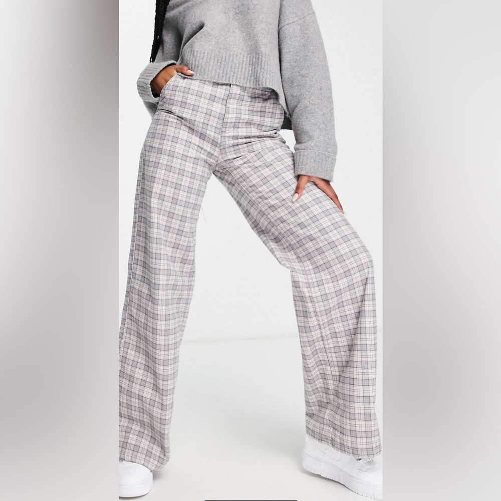 ASOS DESIGN slouchy straight leg pants in gray check